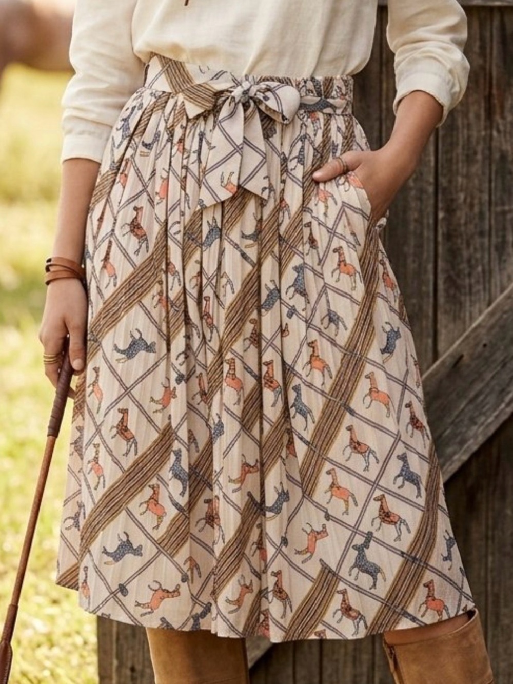 ALICE | BLUE Equestrian Horse Novelty Print Pleated Midi Skirt